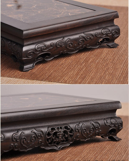 Solid Ebony Wood Display Stand Inlay Marble Stone Bonsai Vase Flower Rack Base
