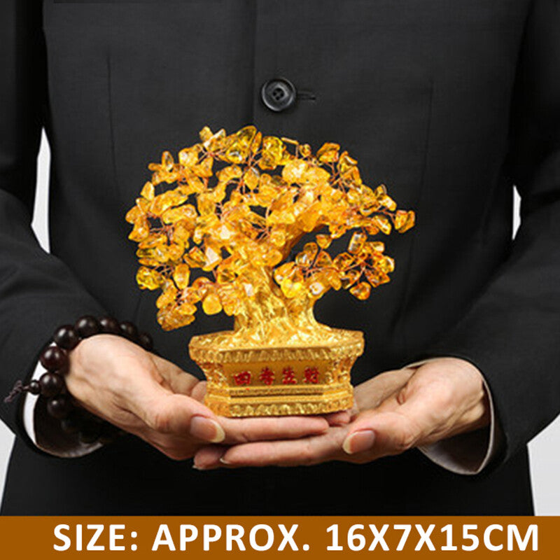 Yellow Crystal Stones Feng Shui Fortune Money Tree  Wealth Luck Decoration--