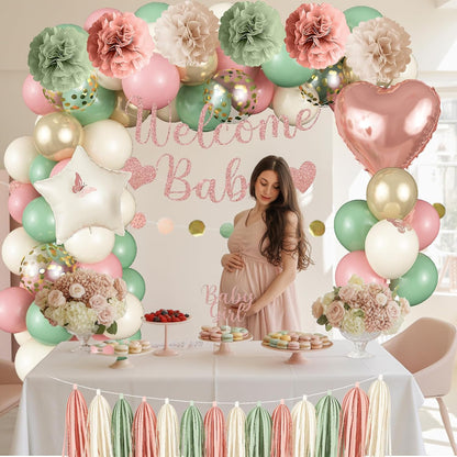 Baby in Bloom Baby Shower Decorations, Sage Green Dusty Blush Pink Gold Sand Whi