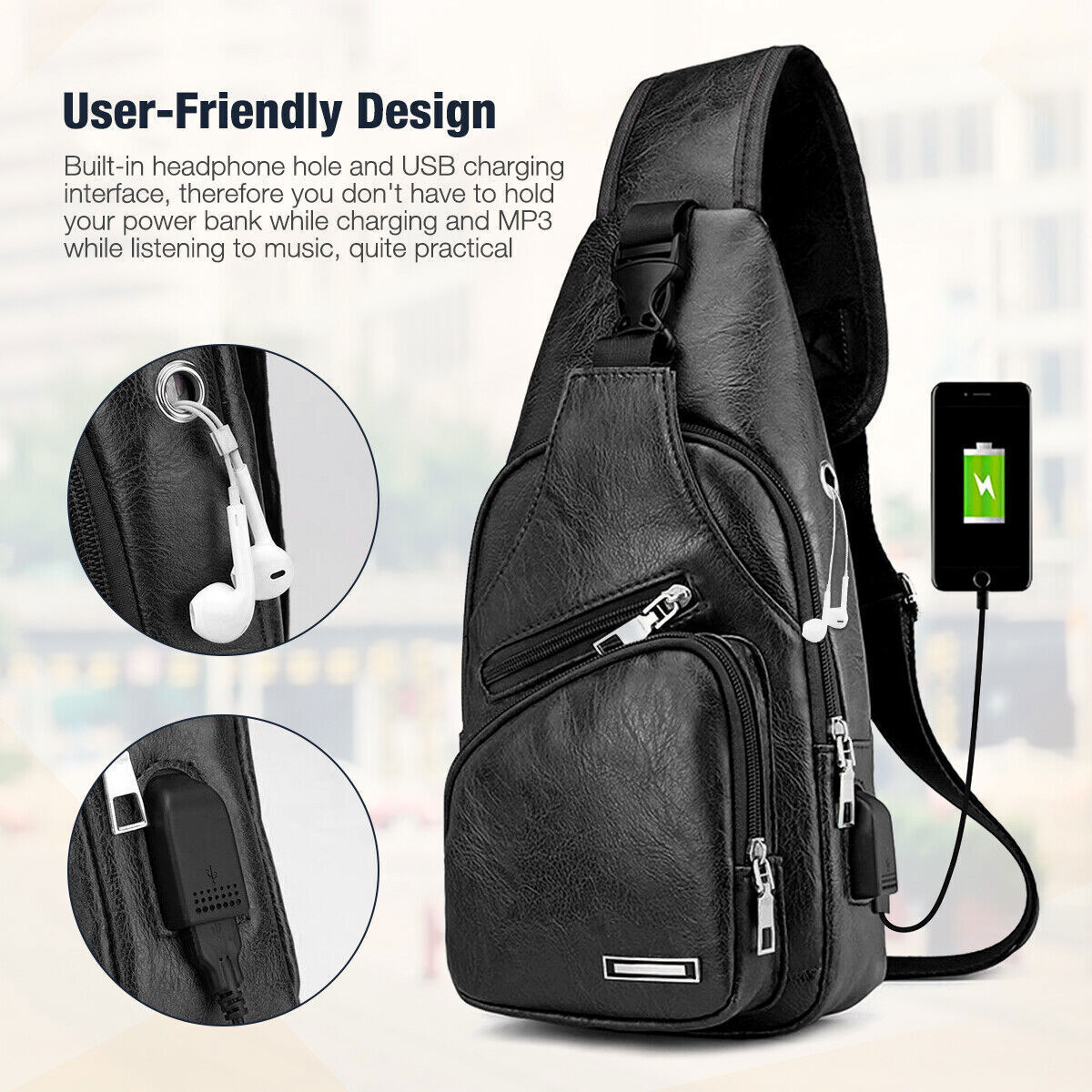 Men Leather Sling Bag Chest Shoulder Crossbody Backpack USB Charging Port Travel