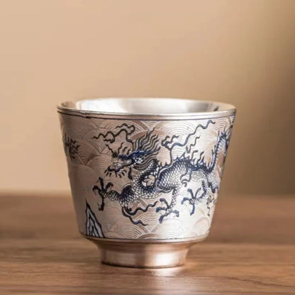 silver gaiwan ceramic tureen tea cup dragon design chinese tea set handpainted