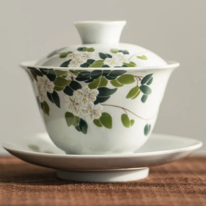 Ceramic Handmade Tureen Kung Fu Tea Set Bowl Cup Chrysanthemum Pattern Gaiwan