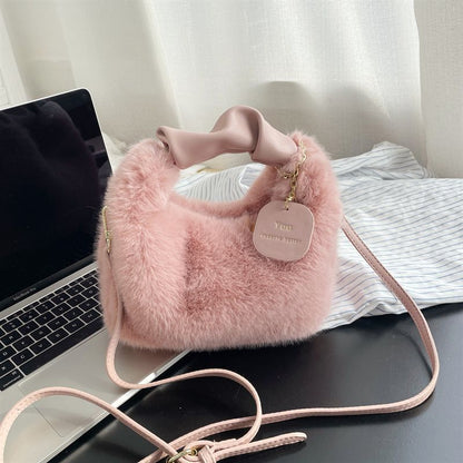 Soft Faux Fur Bag Synthetic Leather Handle Pleated Warm Plush Bags Crossbody 1PC