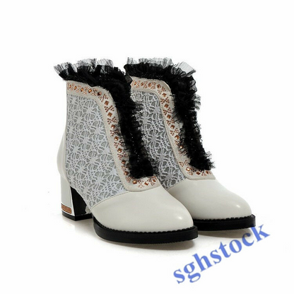 Womens Gladiator Low Block Heel shoes Ankle Boots Mesh Lace Crystal Zip Punk New