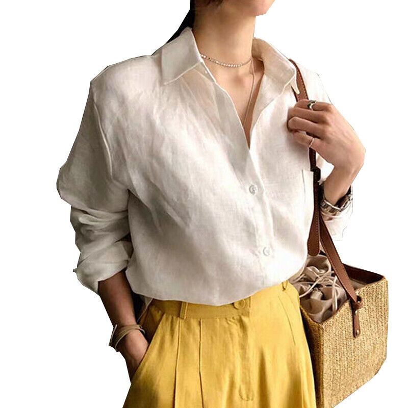 Womens V Neck Solid Linen Shirt Blouse Ladies Long Sleeve Casual Baggy Tops Tee
