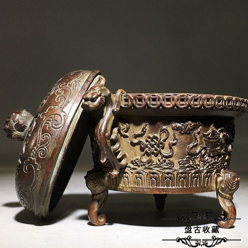 Wealth Dragon Ear Incense Burner 8.5cm Carved Eight Auspicious Symbols