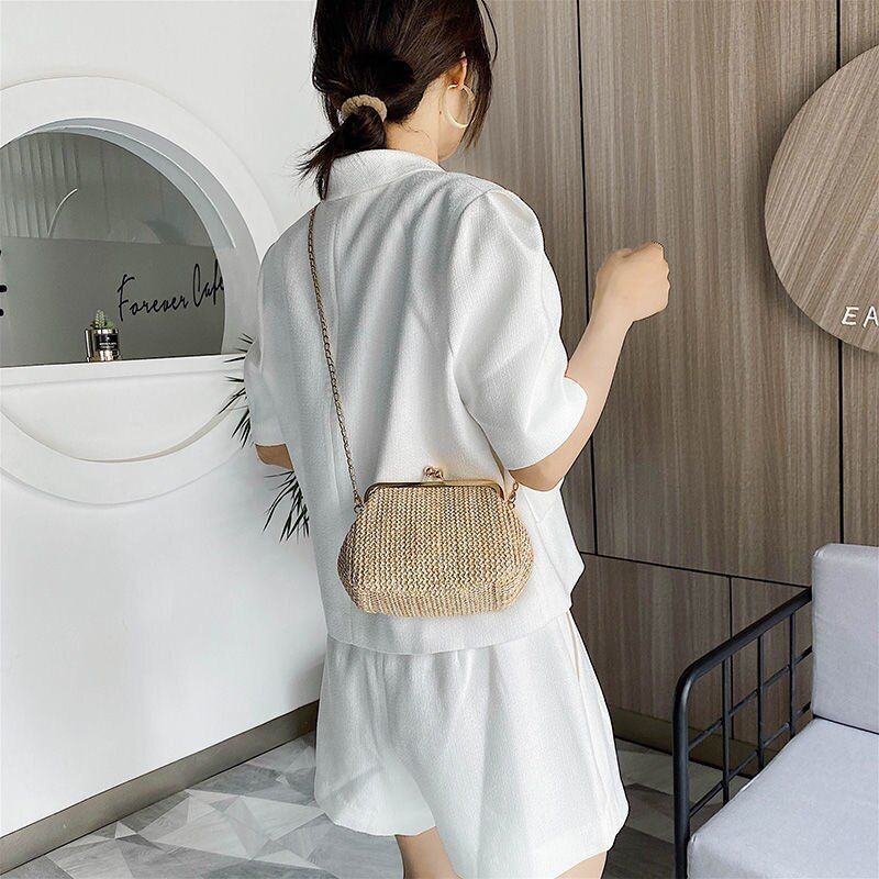 Straw Lock Shell Bag Beach Retro Vintage Chain Shoulder Crossbody Purse Handbags