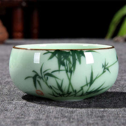 2.5oz * 2 Tea Cups Thicker Glaze Porcelain Cup Mountain-river Bamboo Print Cups