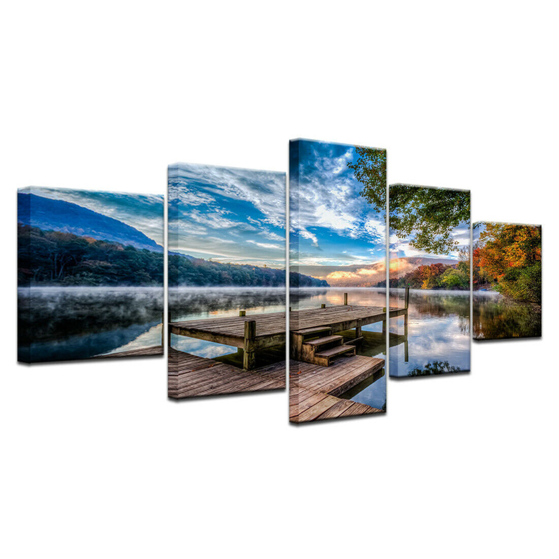 5pcs HD inkjet canvas painting wooden bridge sunset lake water sky No Framed