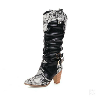 Size 34-47 Women Cowboy Buckle Strap Knee High Western Riding Boots Splice Color