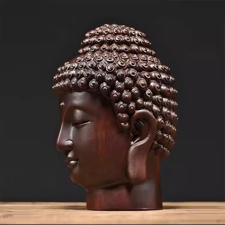 12" Natural Ebony Wood Carved Sakyamuni Buddha Head Statue Buddhism Collection