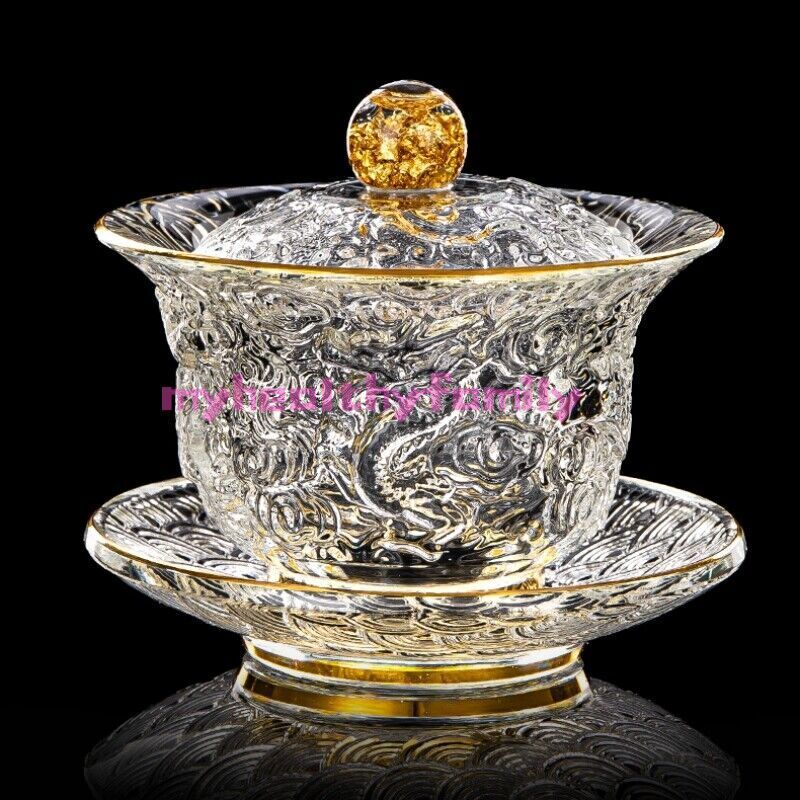 boutique gaiwan glass handmade dragon carved Chinese Sancai bowl lid saucer new