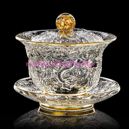 boutique gaiwan glass handmade dragon carved Chinese Sancai bowl lid saucer new