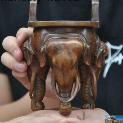 5" Mark Old Chinese Buddhism Bronze Elephant Head Statue Incense Burner Censer
