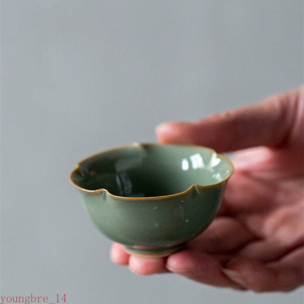 2pc/Set Handmade Yue Kiln Celadon Teacups Flower Mouth Ceramic Cup Household