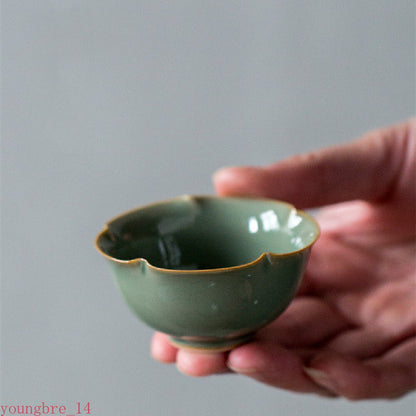 2pc/Set Handmade Yue Kiln Celadon Teacups Flower Mouth Ceramic Cup Household