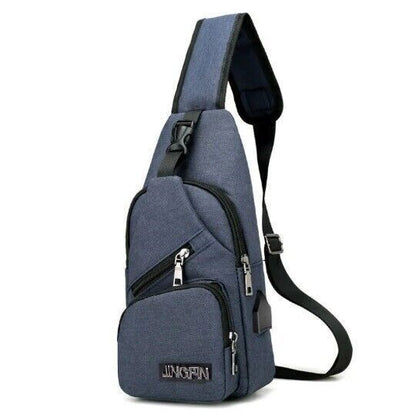 Men's Leather Chest Bag Shoulder Pack USB Charging Port Crossbody Handbag
