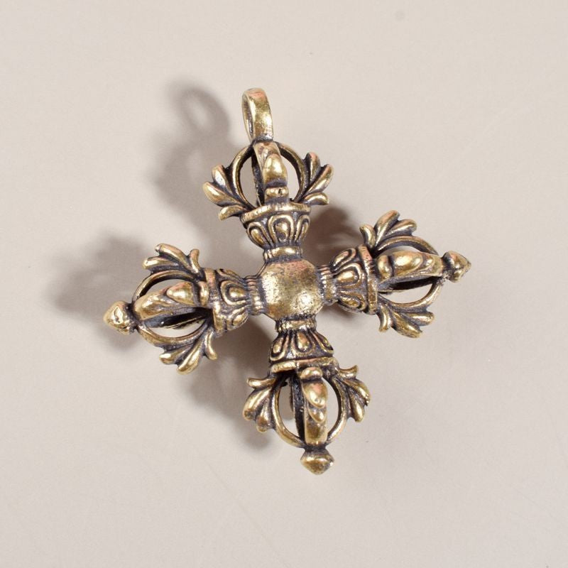 Tibetan Brass Cross Vajra Dorje Amulet Keychain Pendant Buddhist Ritual Tool
