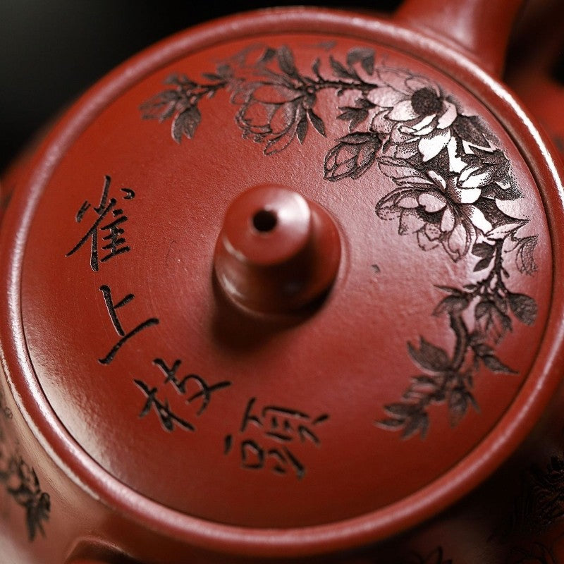 Hand Carved Real Yixing Zisha Dahongpao Clay Tea Pot Bird Branch Engraved 130ml