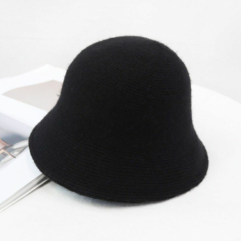 Women's Bucket Hat Warm Winter Teens Felt Wool Fur Black Cap Solid Multifunction
