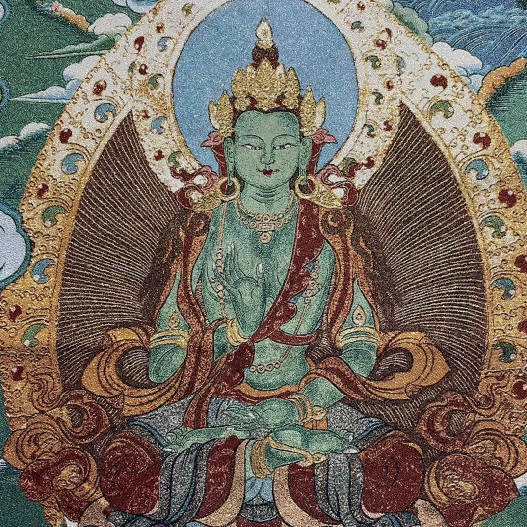 35"Thangka Embroidery Tibetan Buddhism Amitayus Green Tara Buddha lotus platform