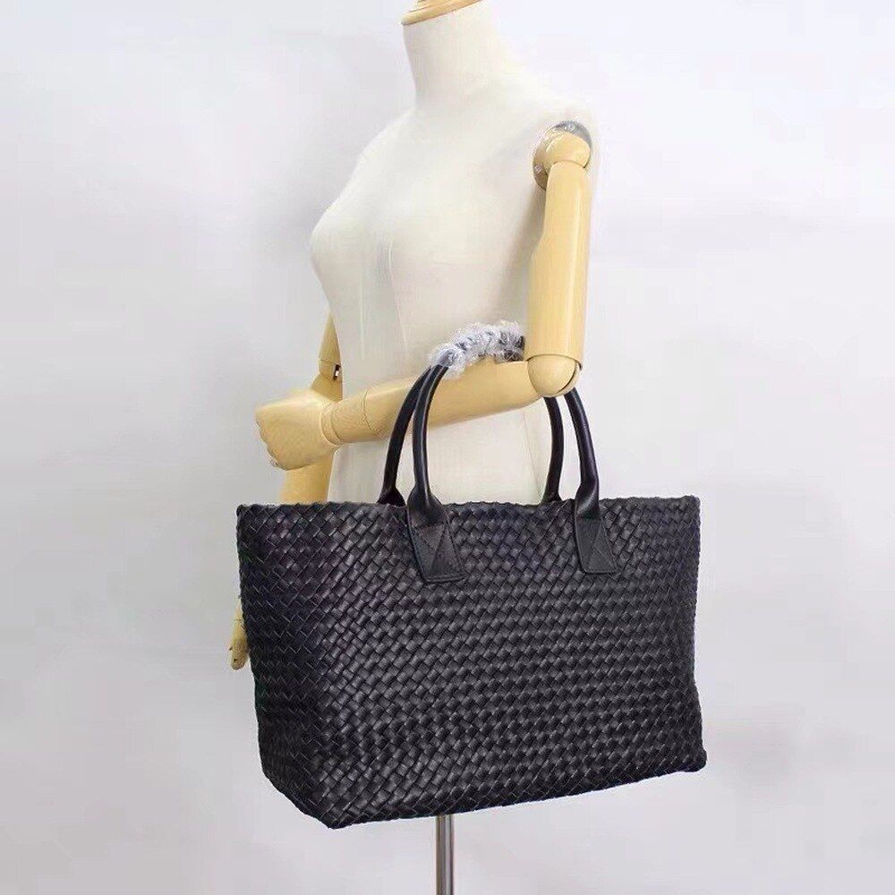 Tote Synthetic Leather Knitting Shoulder Shopper Bag Woven Large Purse Black 1PC