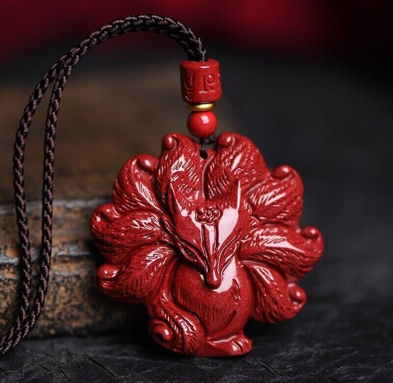 New Natural Red Cinnabar Carved Nine-tailed Fox Pendant Feng Shui Decor