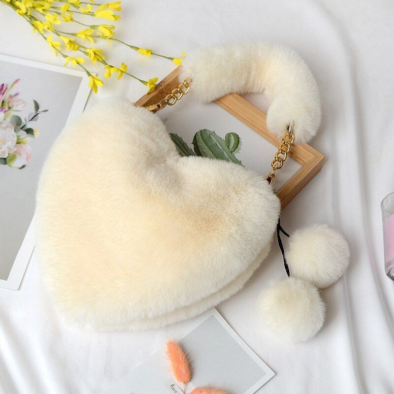 Faux Fur Winter Women Handbag Cute Heart Shaped Shoulder Bag Purse Messenger Bag
