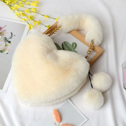 Faux Fur Winter Women Handbag Cute Heart Shaped Shoulder Bag Purse Messenger Bag