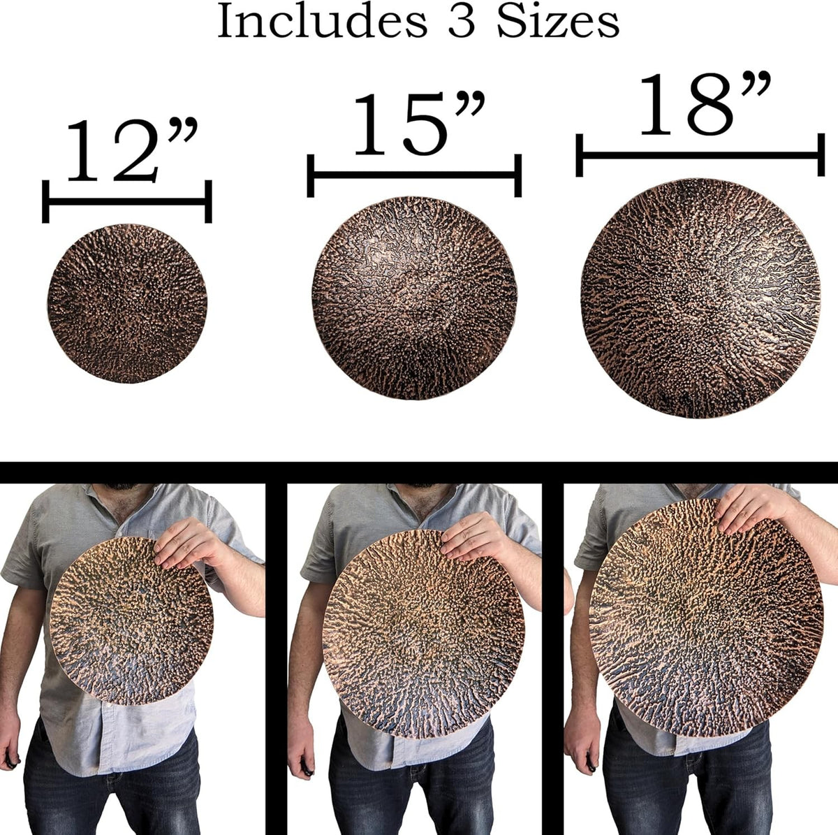Set of 18", 15", 12" Hanging Copper / Black Ribbed Metal Circles Wall Decoration