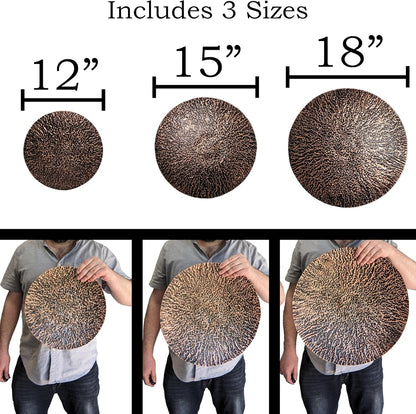 Set of 18", 15", 12" Hanging Copper / Black Ribbed Metal Circles Wall Decoration
