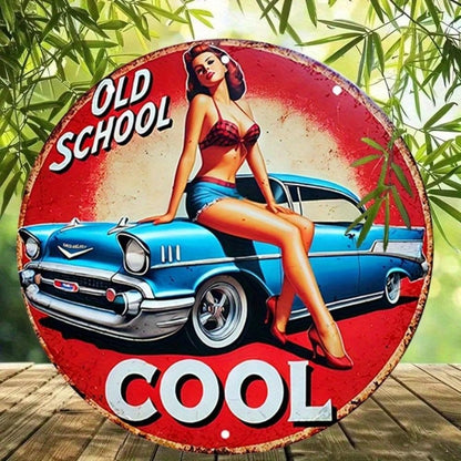 Vintage 8x8 Round Tin Sign Pin Up Girl Retro Car Cool Girl Wall Art for Home