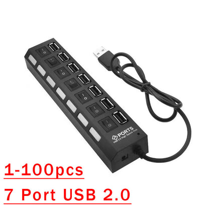 USB Hub 7 Port On/Off Switch High Speed Splitter AC Adapter Cable PC Laptop Lot