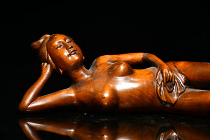 Chinese Antique Boxwood Carved Beautiful Woman Statue Sexy Sculpture Home Decor