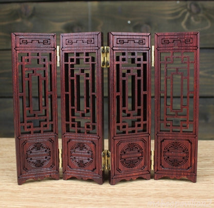 Wood Carved Folding Screen Lacquer Miniature Furniture 4 Panel Decor HomeDesign