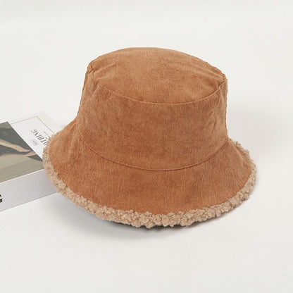 Women Winter Bucket Hat Warming Panama Cap Lady Fluffy Corduroy Double-Side Wear