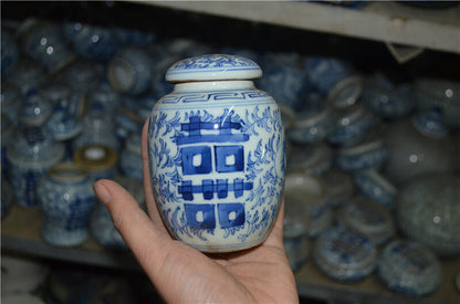 10cm Old China Handwork Blue and White Porcelain Vase Double Happiness