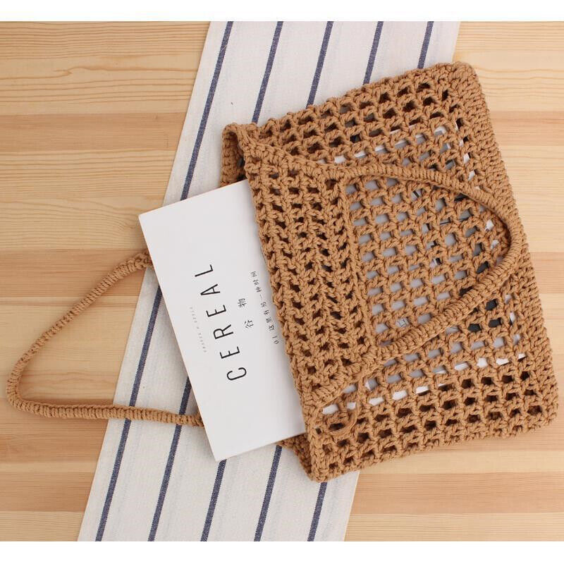 Summer New Mesh Cotton Shopping Bag Hollow Women Beach Straw Bag