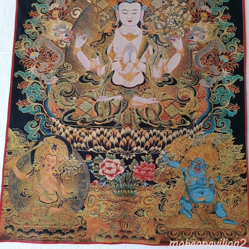 New Handmade Embroidery Four Arms Guanyin Bodhisattva Buddha Statue Painting