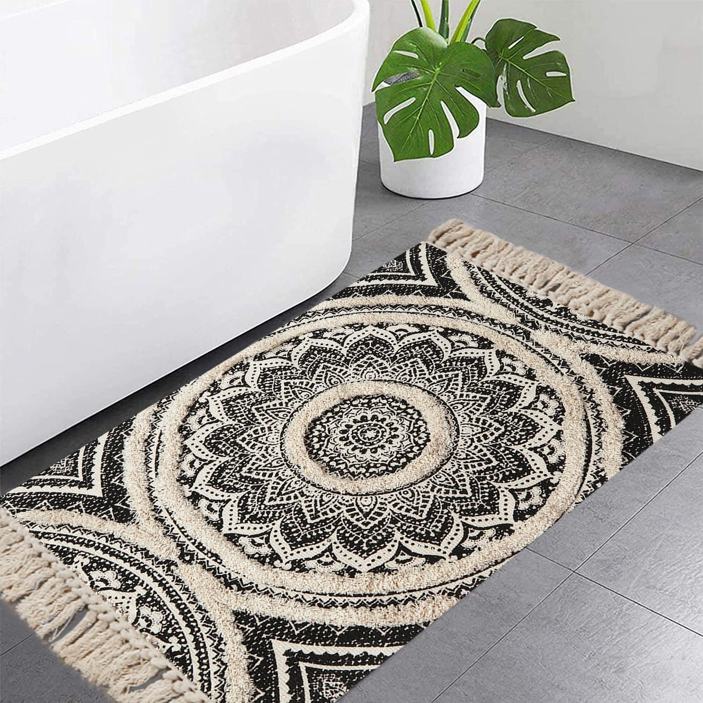 Hand Woven Small Boho Bathroom Rug Tufted Machine Washable Bohemian with Tassels