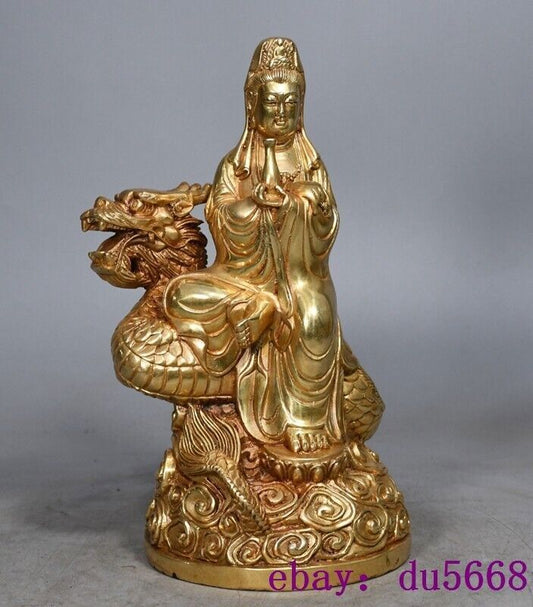 8.8"old China Buddhism temple bronze Gilt dragon Kwan-Yin GuanYin Buddha statue