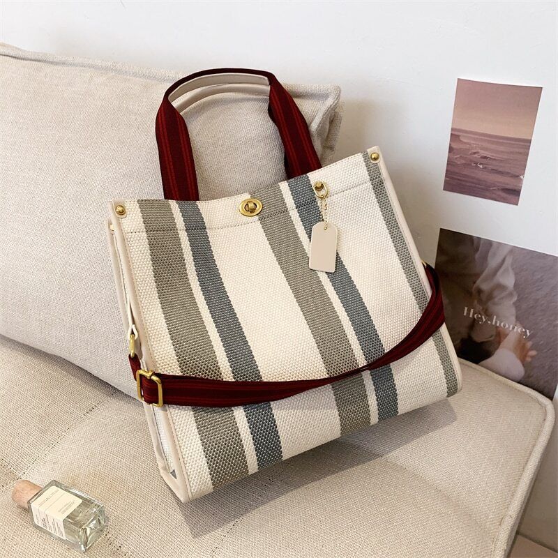 Canvas Tote Bag Women Handbag Stripe Shoulder Bags Big Shopper Totes