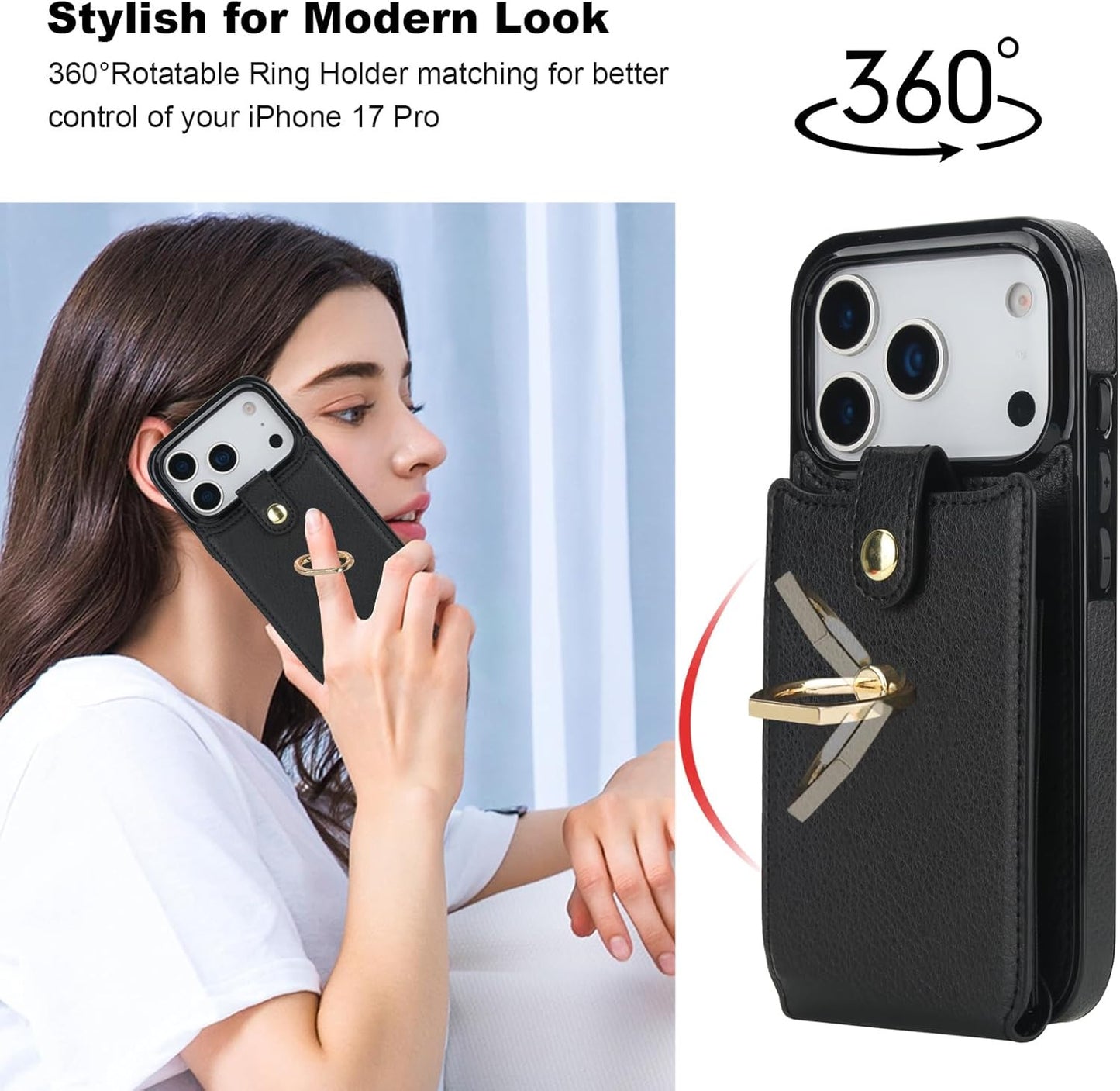 Compatible with Iphone 17 Pro Case Wallet with Card Holder, 360°Rotation Finger