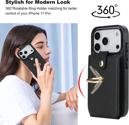 Compatible with Iphone 17 Pro Case Wallet with Card Holder, 360°Rotation Finger