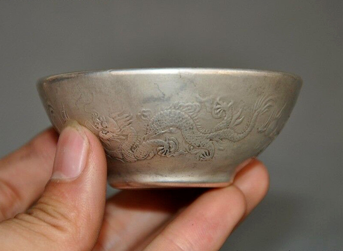 2.8" Chinese Tibetan Silver Dragons Dragon Loong Statue Tea Cup Bowl Collect New