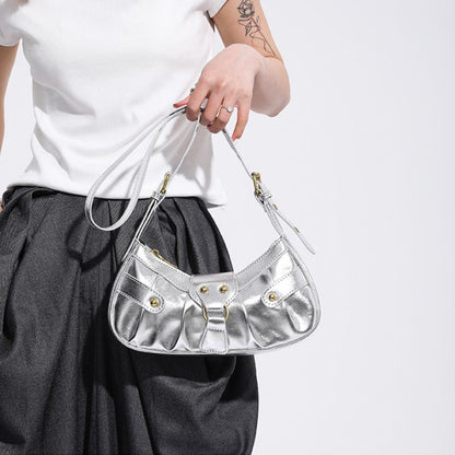 Leather Shoulder Bag Silver Pleated Rivets Handbags Crossbody Bags 26*14*6 CM