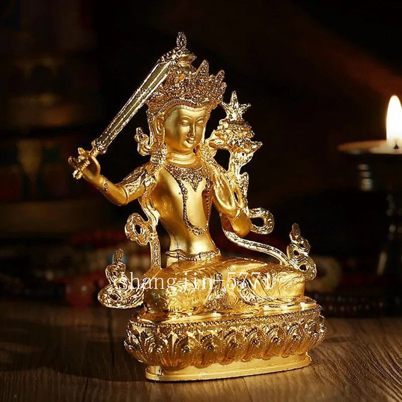 14.5cm Exquisite Alloy Gilt Manjushri Buddha Statue Tibetan Handcarved Ornament