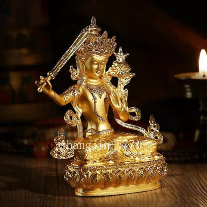 14.5cm Exquisite Alloy Gilt Manjushri Buddha Statue Tibetan Handcarved Ornament