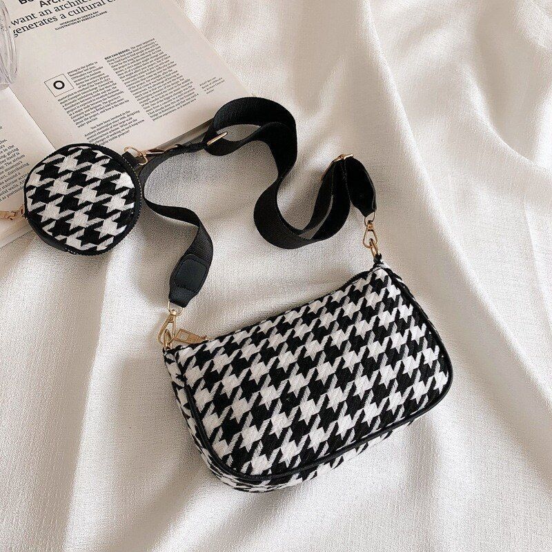 Vintage Plaid Print Shoulder Bag Round Purse Casual Small Crossbody Bags 2 pcs