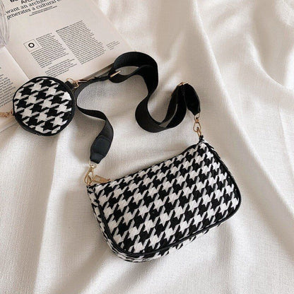 Vintage Plaid Print Shoulder Bag Round Purse Casual Small Crossbody Bags 2 pcs